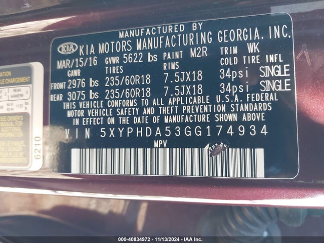 KIA Sorento 3.3l Ex 2016 5XYPHDA53GG174934 Image 9