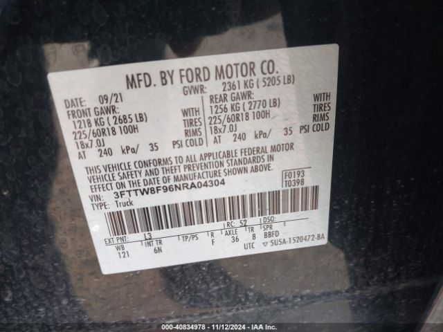 3FTTW8F96NRA04304 Ford Maverick Lariat
