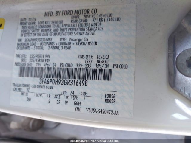 3FA6P0H93GR316498 Ford FUSION SE