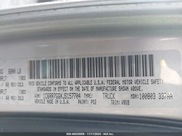1C6RR7GGXJS157704 RAM 1500 Slt  4x4 6'4 Box