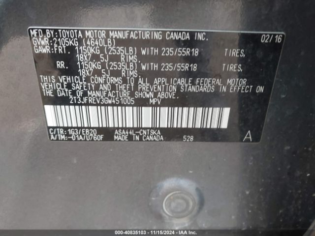 2T3JFREV3GW451005 Toyota RAV4 SE