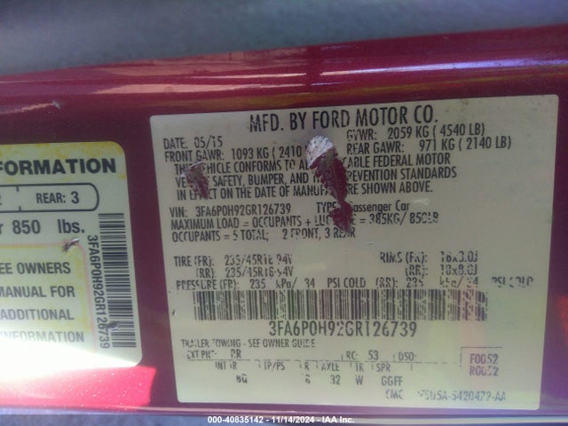 Ford FUSION SE 2016 3FA6P0H92GR126739 Image 9