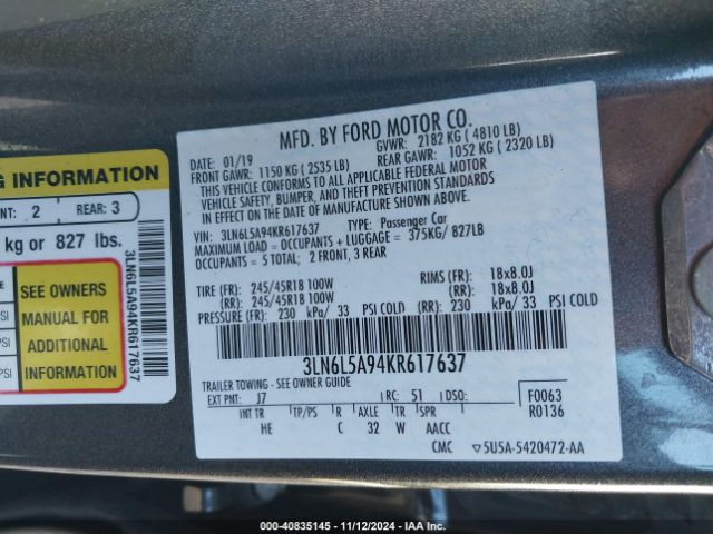 3LN6L5A94KR617637 Lincoln Mkz Standard