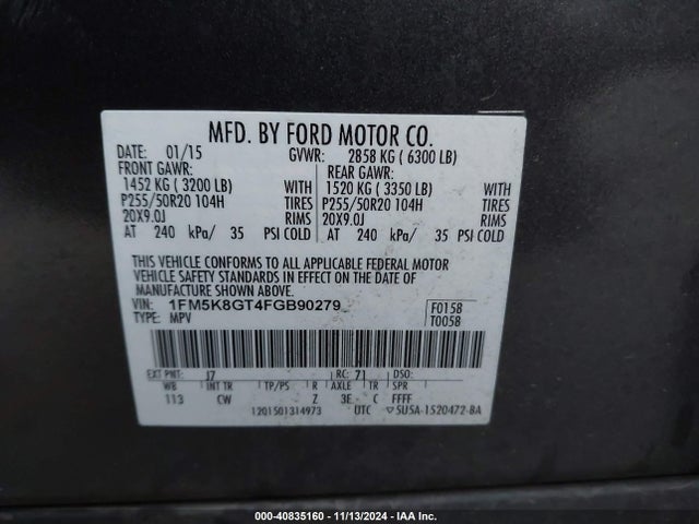 Ford EXPLORER SPORT 2015 1FM5K8GT4FGB90279 Image 9