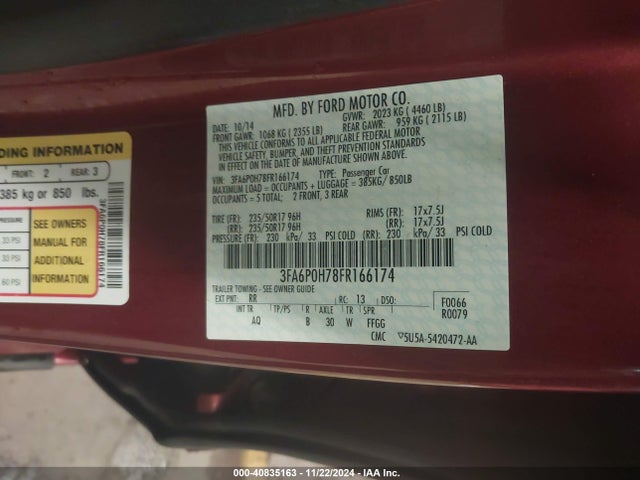 Ford FUSION SE 2015 3FA6P0H78FR166174 Image 9