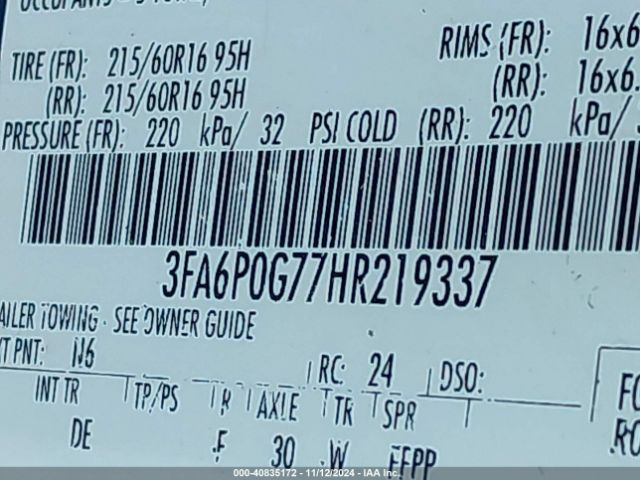 3FA6P0G77HR219337 Ford FUSION S