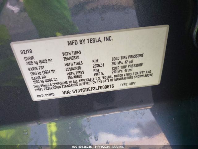 5YJYGDEF3LF000616 Tesla Model Y Long Range Dual Motor All-wheel Drive/performance Dual Motor All-wheel Drive