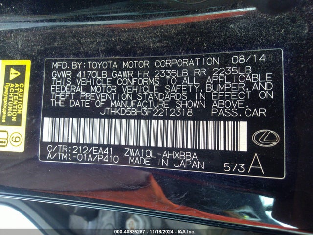 JTHKD5BH3F2212318 Lexus CT 200H