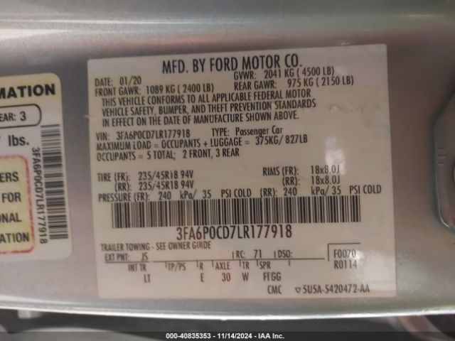 3FA6P0CD7LR177918 Ford FUSION SEL