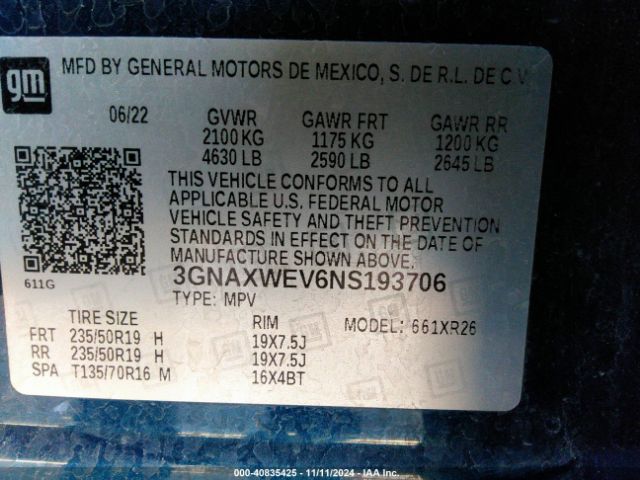 3GNAXWEV6NS193706 Chevrolet Equinox Awd Rs