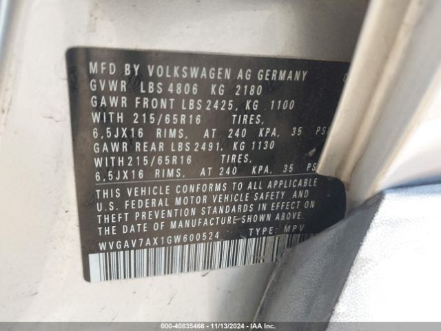 WVGAV7AX1GW600524 Volkswagen TIGUAN S