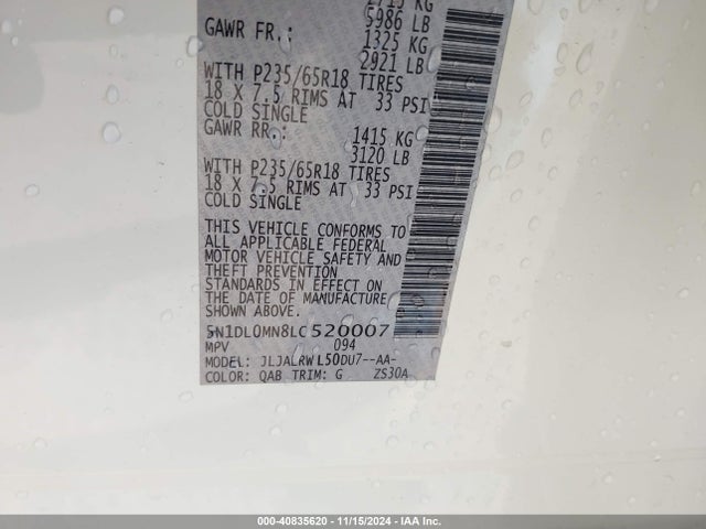5N1DL0MN8LC520007 Infiniti QX60 LUXE