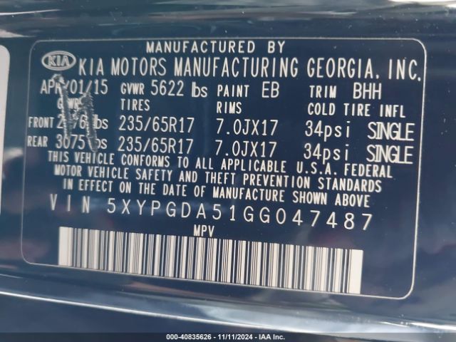 5XYPGDA51GG047487 KIA Sorento 3.3l Lx