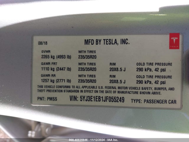 Tesla 2018 2018 5YJ3E1EB1JF055249 Image 9