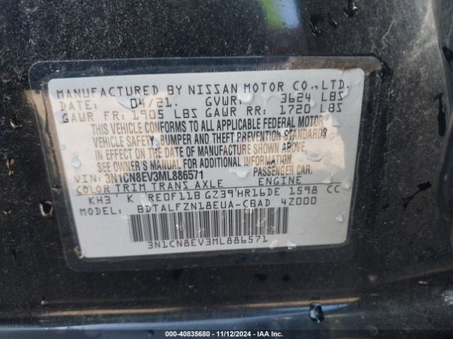3N1CN8EV3ML886571 Nissan Versa Sv Xtronic Cvt