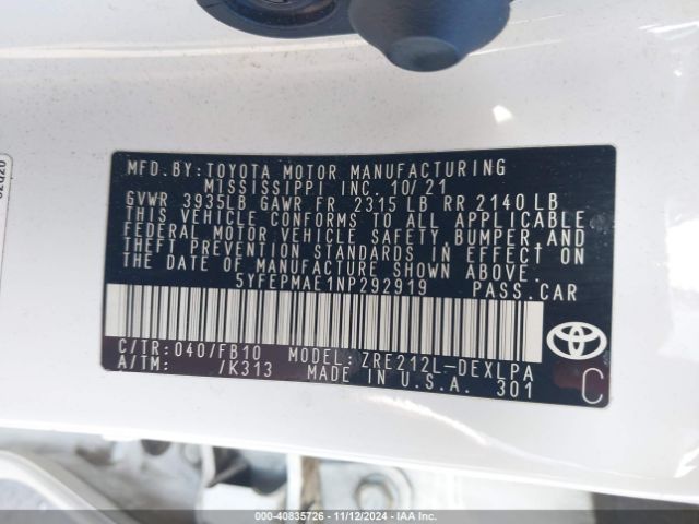 5YFEPMAE1NP292919 Toyota COROLLA LE
