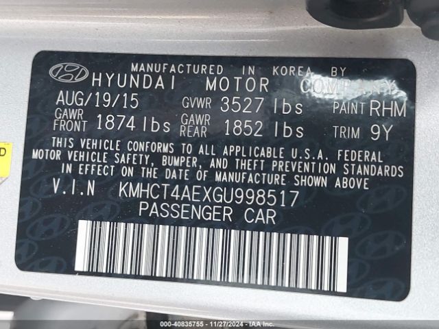 KMHCT4AEXGU998517 Hyundai ACCENT SE