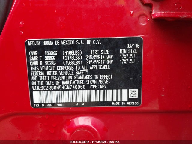 Honda HR-V EX 2016 3CZRU6H54GM740960 Image 9
