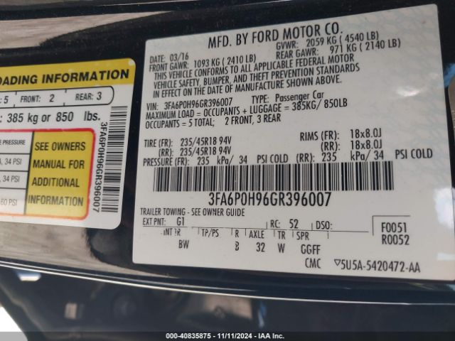 3FA6P0H96GR396007 Ford FUSION SE