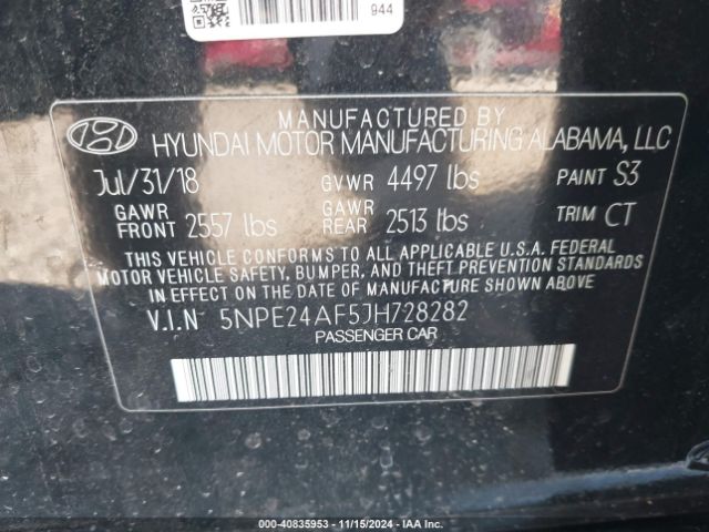 5NPE24AF5JH728282 Hyundai SONATA SE