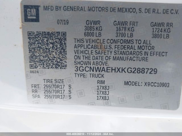 3GCNWAEHXKG288729 Chevrolet Silverado 1500 Work Truck