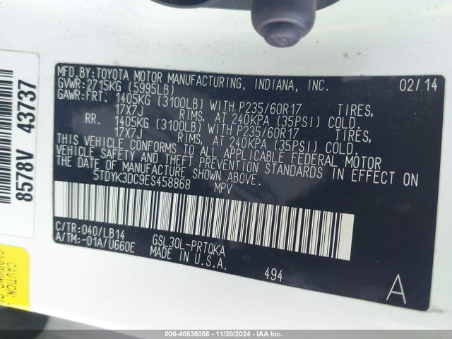 Toyota Sienna Xle/limited 2014 5TDYK3DC9ES458868 Image 9
