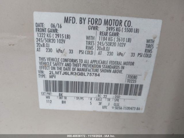 2LMTJ6LR3GBL75784 Lincoln Mkx Reserve