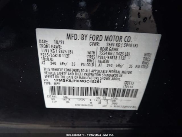 1FMSK8JH0MGC45251 Ford Explorer Timberline