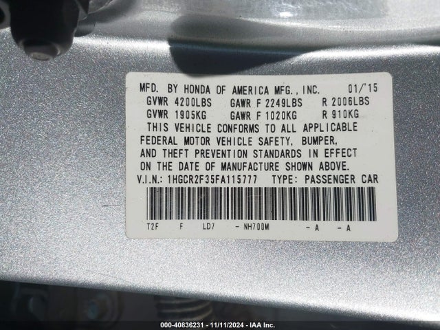 Honda ACCORD LX 2015 1HGCR2F35FA115777 Image 9