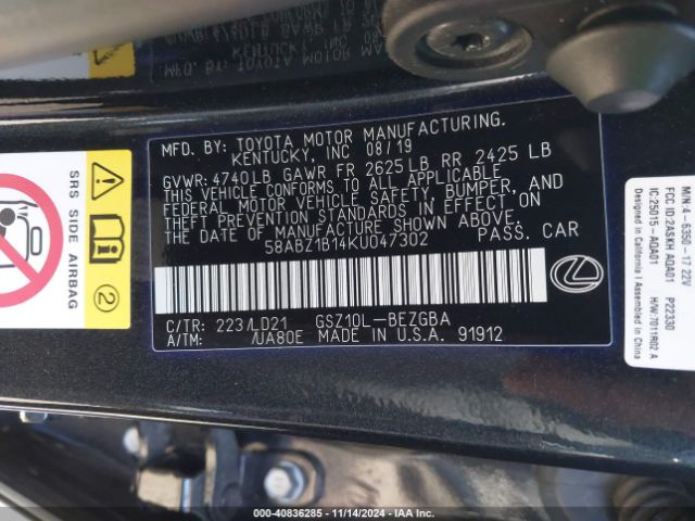 58ABZ1B14KU047302 Lexus ES 350