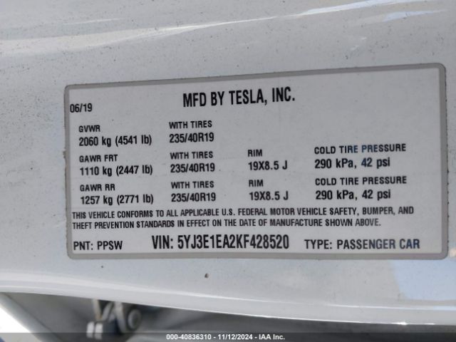5YJ3E1EA2KF428520 Tesla Model 3 Long Range/mid Range/standard Range/standard Range Plus