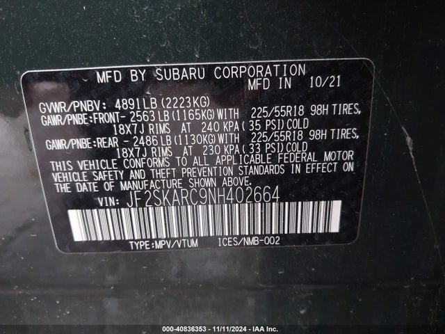 JF2SKARC9NH402664 Subaru Forester Touring