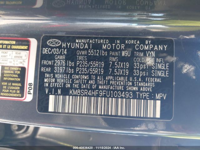 KM8SR4HF9FU103493 Hyundai Santa Fe Gls
