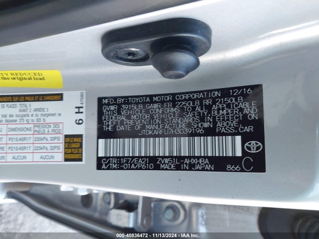 JTDKARFU7H3039196 Toyota Prius