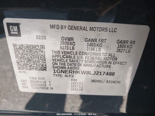 1GNERHKW8LJ217488 Chevrolet Traverse Fwd Lt Leather