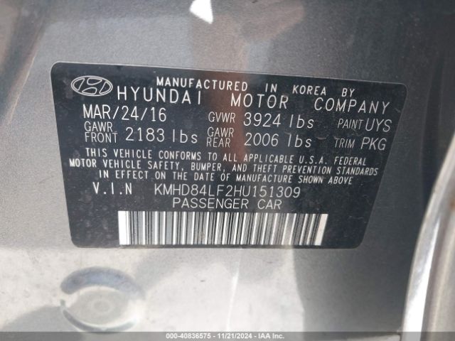 KMHD84LF2HU151309 Hyundai ELANTRA SE