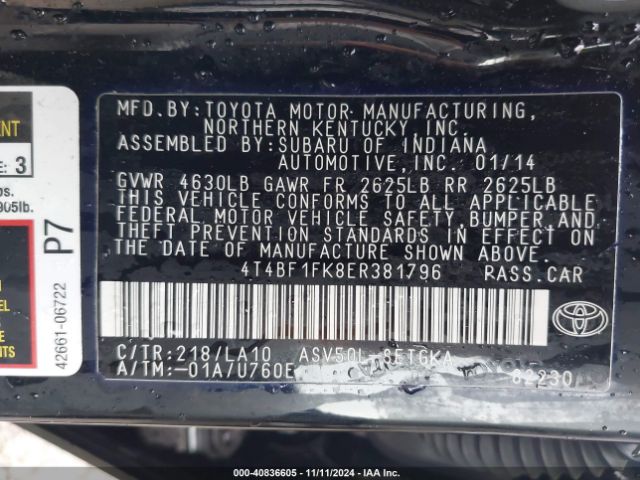 4T4BF1FK8ER381796 Toyota CAMRY XLE