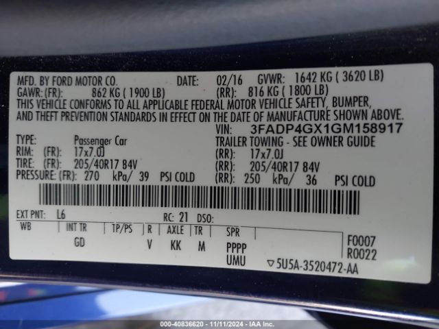 3FADP4GX1GM158917 Ford FIESTA ST