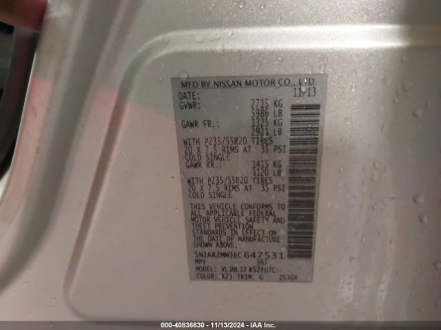 5N1AR2MM3EC647531 Nissan Pathfinder Platinum