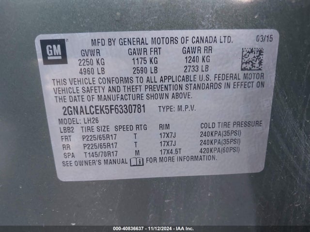 Chevrolet Equinox 2lt 2015 2GNALCEK5F6330781 Image 9