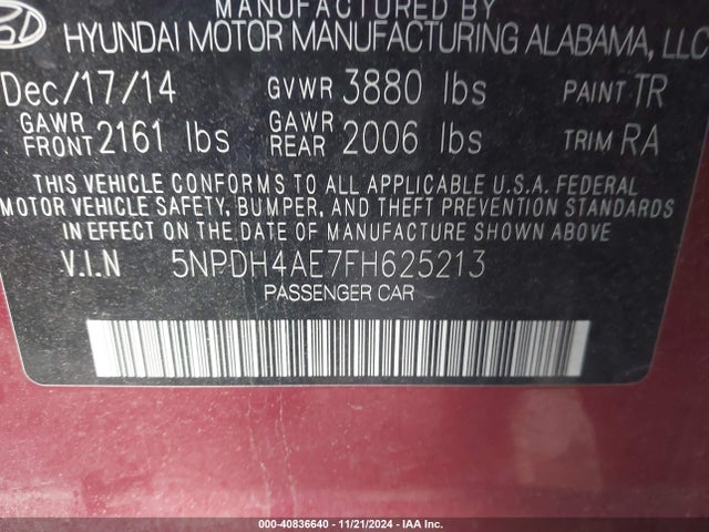 Hyundai ELANTRA SE 2015 5NPDH4AE7FH625213 Image 9