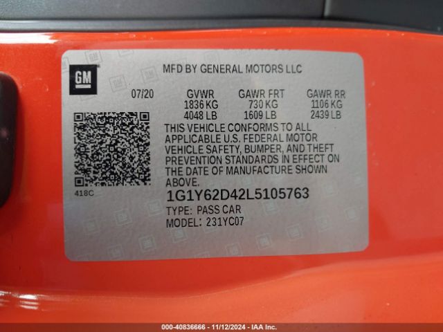 2020 CHEVROLET CORVETTE STINGRAY 1G1Y62D42L5105763 Photo 8