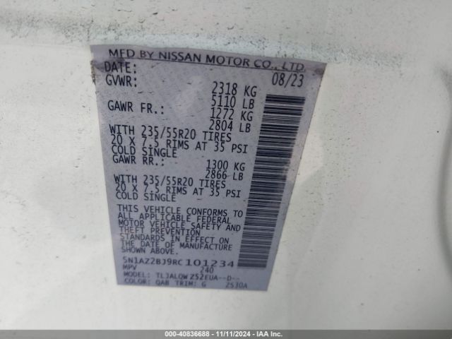 5N1AZ2BJ9RC101234 Nissan Murano Sv Fwd