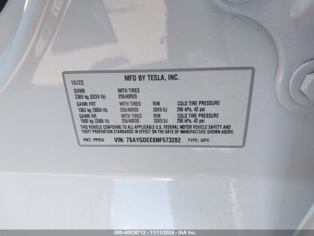 2022 TESLA MODEL Y 7SAYGDEE8NF573282 Photo 8