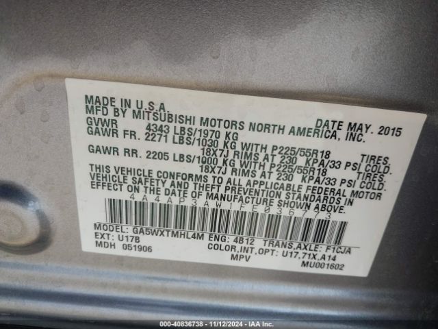 4A4AP3AW1FE036773 Mitsubishi Outlander Sport Es