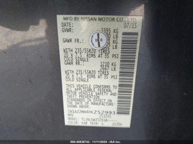 5N1AZ2MH4FN252993 Nissan Murano Platinum