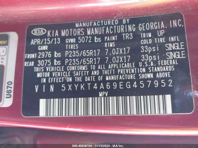5XYKT4A69EG457952 KIA SORENTO LX
