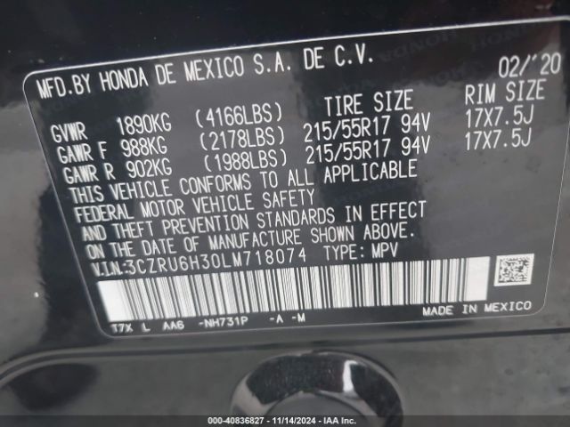 3CZRU6H30LM718074 Honda Hr-v Awd Lx