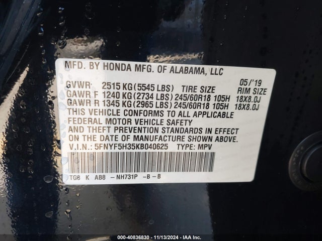 Honda j35y6 2019 5FNYF5H35KB040625 Image 23