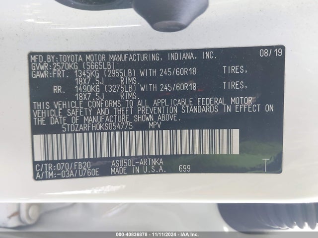 Toyota Highlander Le 2019 5TDZARFH0KS054775 Image 9